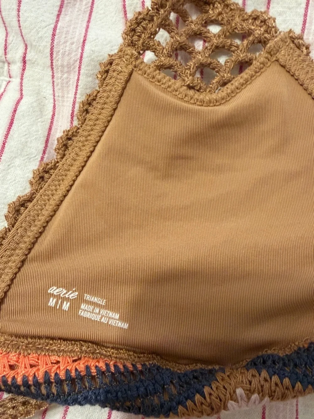 aerie Crochet Triangle Bikini Top in Brown, Navy, Cream & Orange size medium